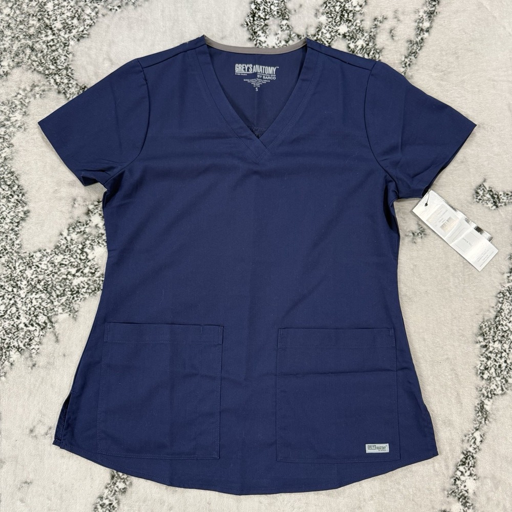 Grey's Anatomy Womens Scrubs‎ Top Size S Blue V Neck Back Short Sleeve
